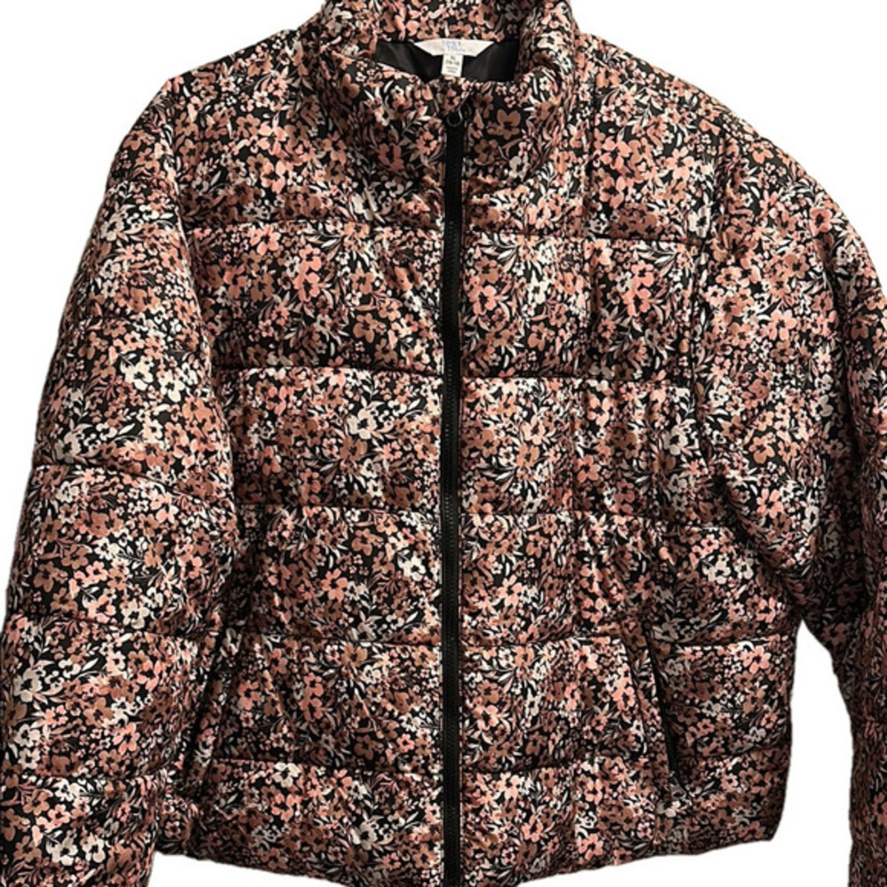 Time and Tru Pink Puffer Jacket with Floral Pattern and High Collar
